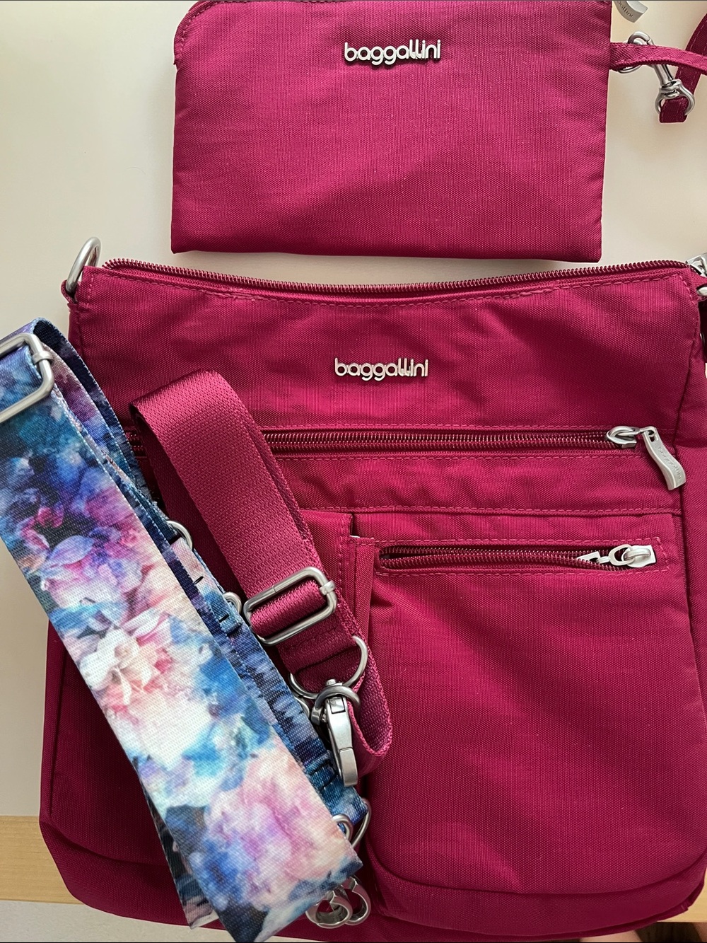 Baggallini Magenta Town Square  Crossbody Bag Includes Two Straps and RFID pouch